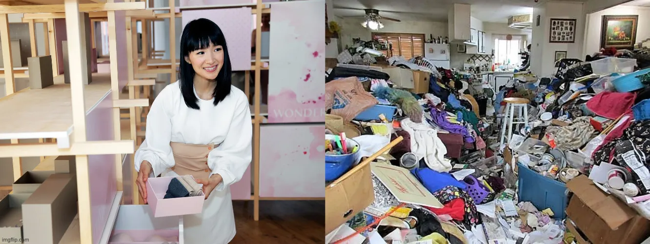 Side-by-side meme comparing two scenes. On the right, a chaotic, cluttered room from the TV show “Hoarders” filled with piles of objects and no clear organization. On the left, a tidy, minimalist room inspired by Marie Kondo’s organizing methods. The contrast illustrates how a visual sitemap shows a curated, user-facing structure while a URL sitemap exposes everything that exists behind the scenes.