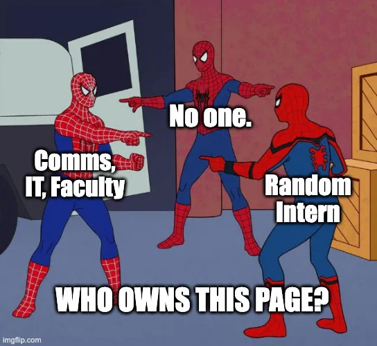Meme featuring three Spider-Man characters standing in a triangle and pointing at each other in confusion. Each Spider-Man is labeled with a different website role: “Comms,” “IT,” and “Faculty,” representing unclear ownership of outdated pages discovered in a URL sitemap. The meme highlights how governance issues often contribute to chaotic site structures.