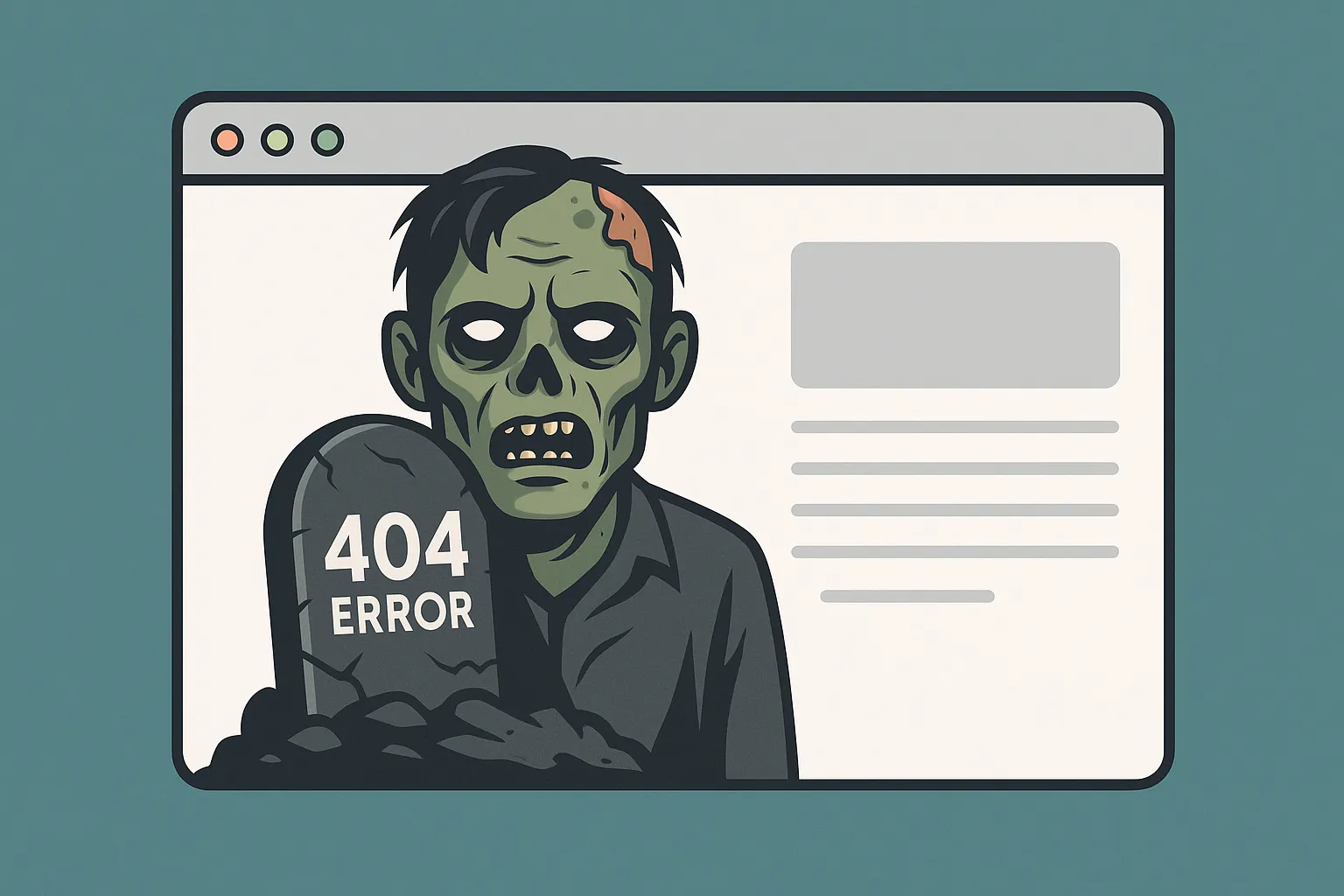 Illustration of a Zombie Page: a zombie emerging from a 404-style tombstone inside a browser window